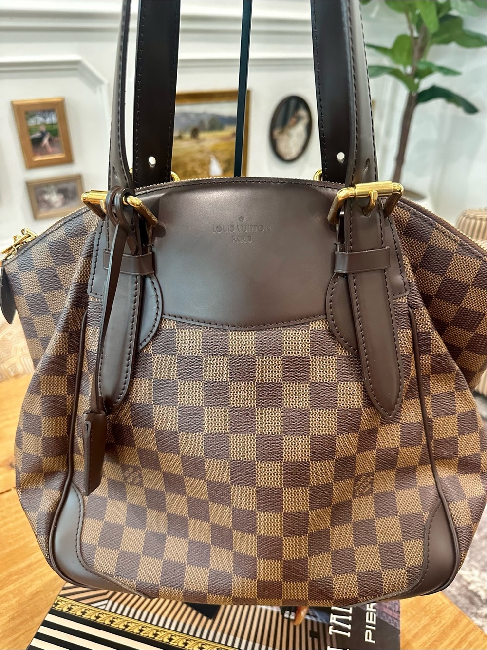 Louis Vuitton Brown Damier Ebene Shoulder Bag with Gold Hardware -GM